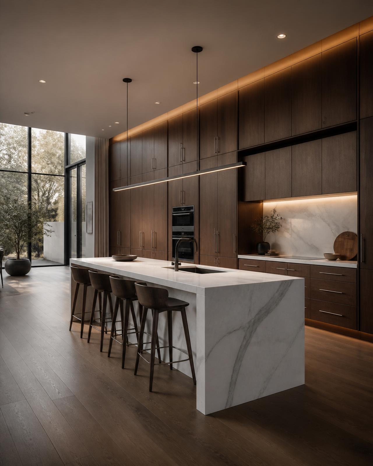 Custom walnut kitchen with marble waterfall island